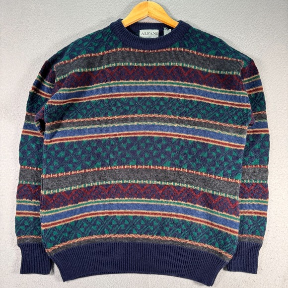 Vintage Alfani Knit Sweater Mens Medium Blue Wool Design Stripes Stretch Grandpa - Picture 1 of 13